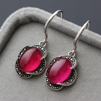 

2017 Natural semi-precious stones Dangle Earrings women jewelry S925 silver flower silversmith old vintage red corundum tassels