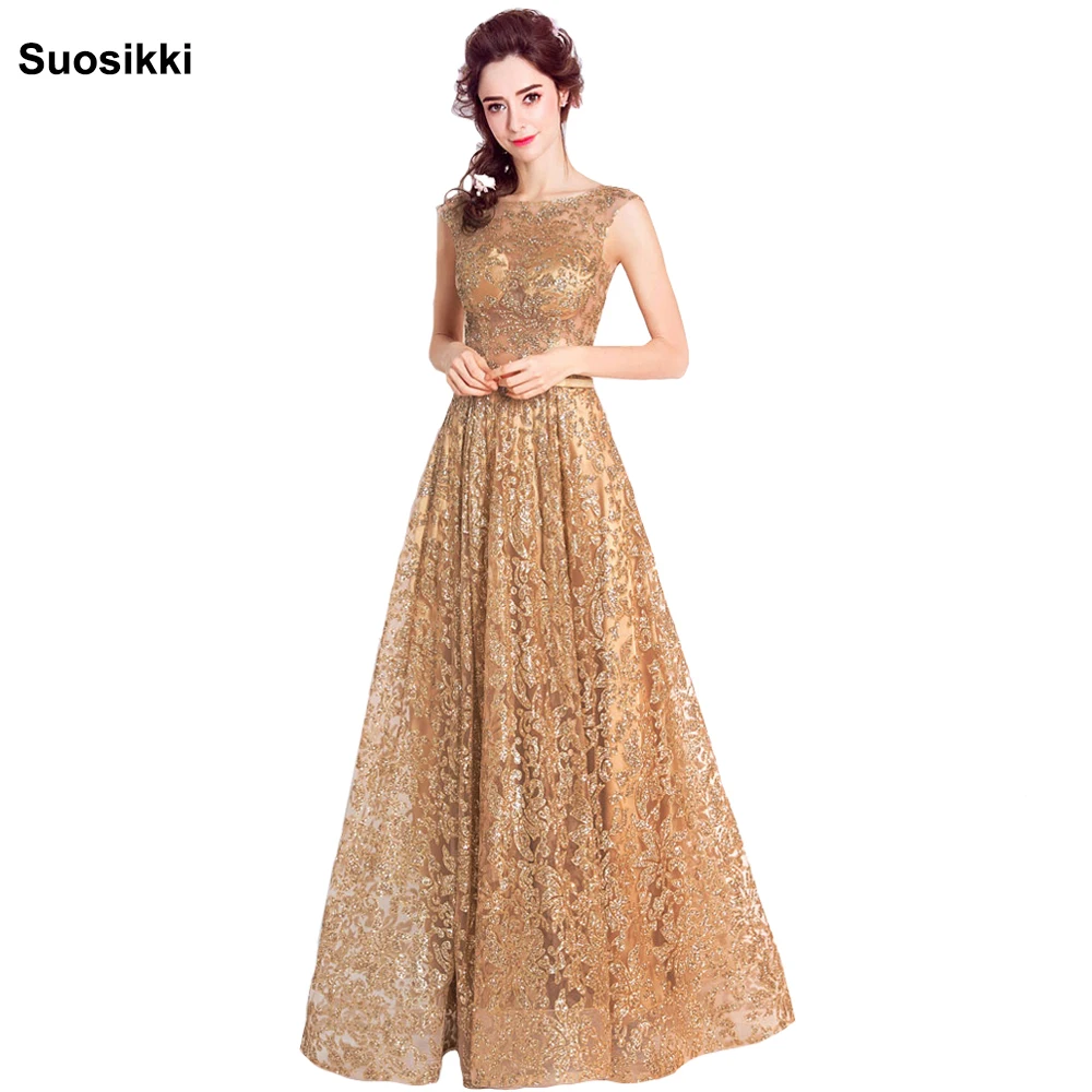 Tulle sequined Muslim Gold Evening Dress Long Formal gown Prom Robe de ...