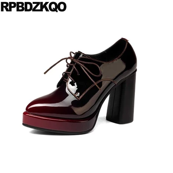 

2019 women pumps oxford pointed toe shoes plus size patent leather 10 42 lace up thick high heels extreme vintage super wine red