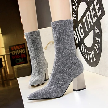 

New Fashion Bling Women Boots Sequined Cloth Women High Heels Pointed Toe Classic Women Shoes She ERA