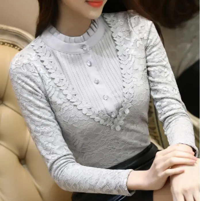 Осень Зима утолщенная и бархатная женская рубашка размера плюс белая кружевная блузка с длинными рукавами Повседневная блуза, топ blusa feminina