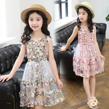 Новое летнее платье принцессы Одежда для девочек вечерние газовые платья без рукавов с цветочным рисунком