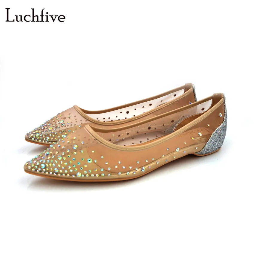 

Luchfive concise bridal wedding shoes women bling bling sequins crystal studded pointed toe glitters mesh flat heel loafers