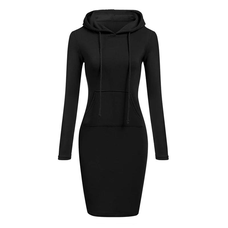 TTOU осень зима толстовка с длинным рукавом платье женское повседневное с капюшоном воротник карман дизайн простой стиль шнурок платье - Цвет: Black