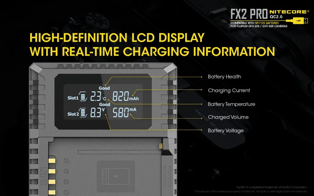 NITECORE FX2 USB двойной слот Путешествия Камера QC зарядное устройство для Fujifilm GFX 50S GFX Fujifilm камера r батарея NP-T125