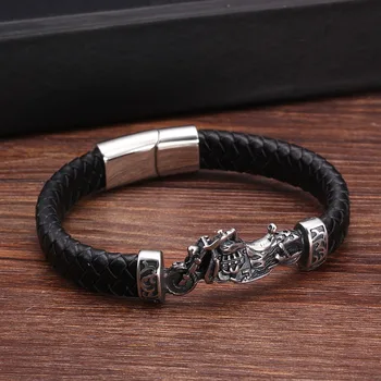 

Vintage Motorcycle Man Genuine Leather Bracelets Sporty Jewelry Punk Stainless Steel Chain Link Charm Bracelets Men's Bangles