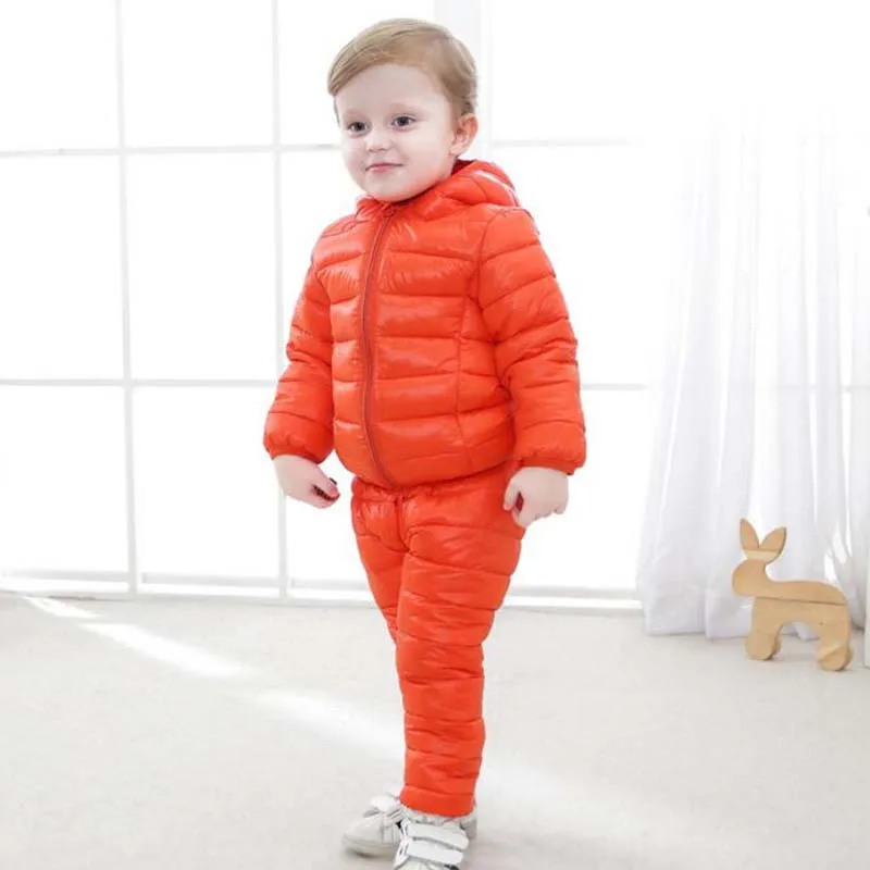 orange Детская одежда, куртка+ штаны, хлопковые пальто с капюшоном для мальчиков и девочек, Повседневные детские комплекты из 2 предметов на осень и зиму, пуховые костюмы для мальчиков 2-6 лет - Цвет: orange
