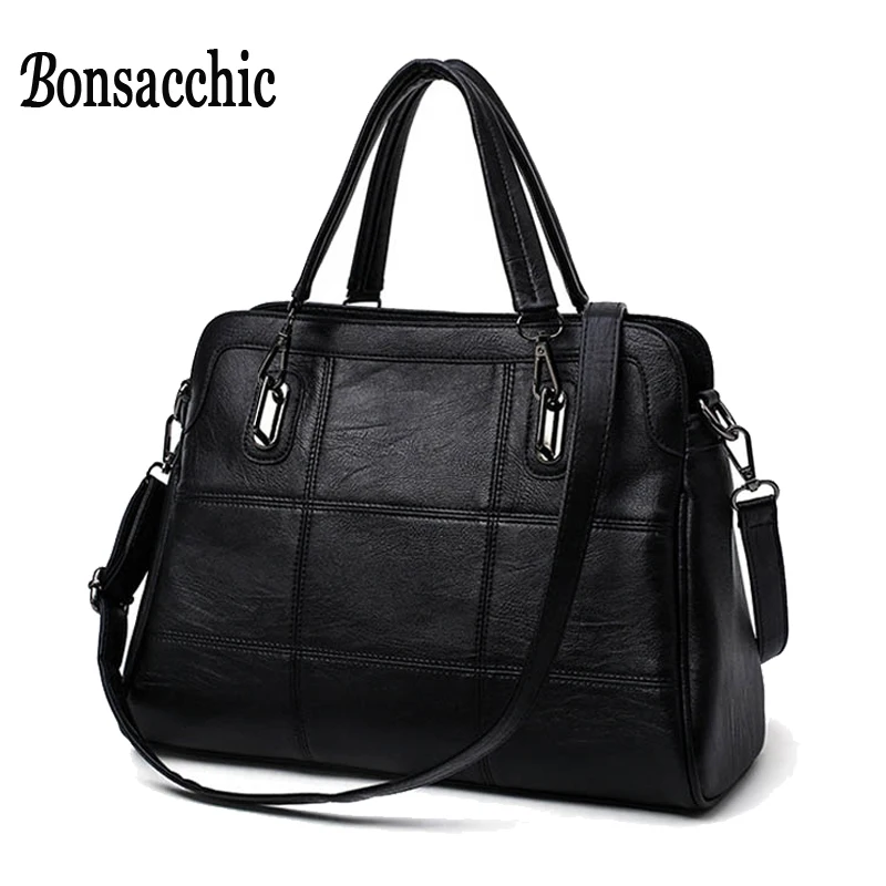 Bonsacchic Fashion Ladies Hand Bag Women&#39;s Genuine Leather Handbag Black Leather Tote Bag Bolsas ...