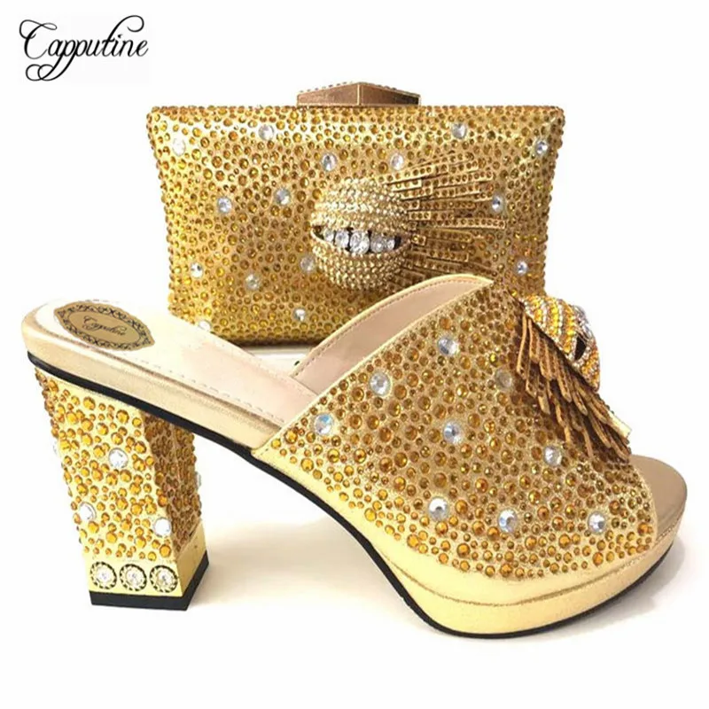 

Capputine Hot Sale African Summer Gold Shoes And Bag Set Nigerian Pumps 10CM Shoes And Bag To Match Sets For Party 6Colors