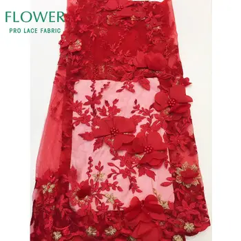 

High Quality 3D Lace Fabric In Red French Guinean Wedding Lace Fabric 3D Flower Applique Stones Beads Embroidered Mesh Sewing