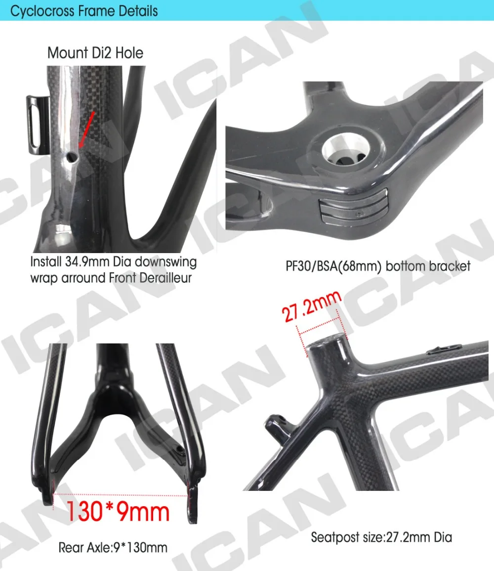 Cheap ICAN Big discount carbon T700 cyclocross frame v-brake type UD matt or glossy all available with BSA/BB86 Di2 compatible 8