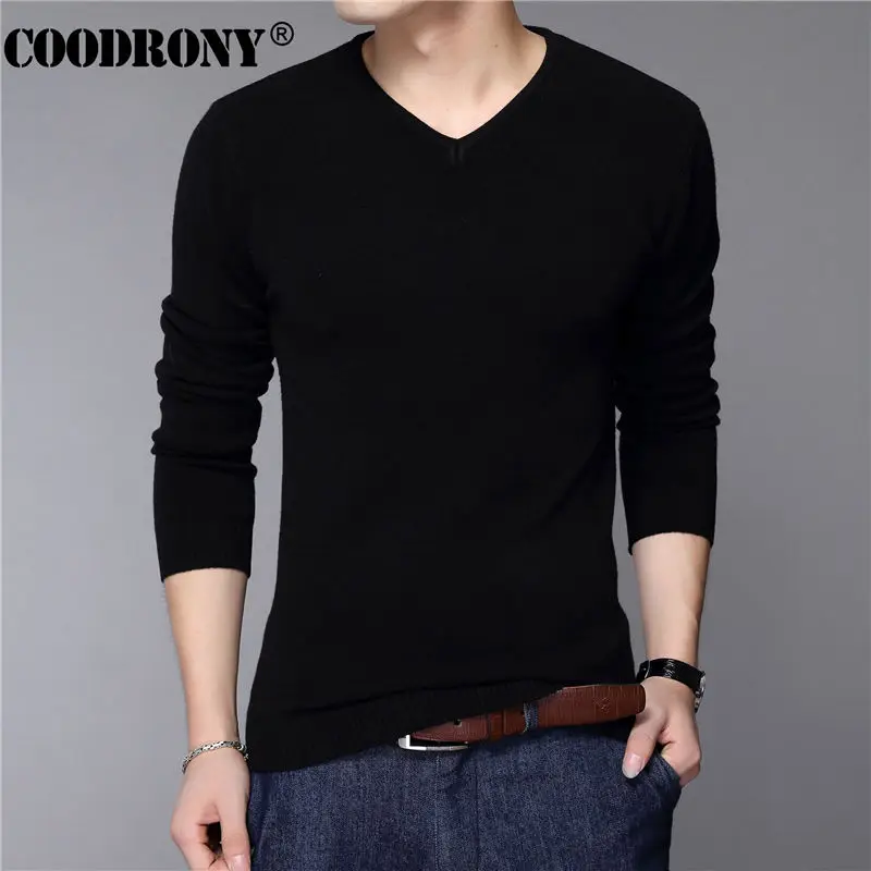 COODRONY Повседневный приталенный мужской свитер, классический чистый черный пуловер, мужской однотонный пуловер с v-образным вырезом, мужские кашемировые шерстяные свитера, рубашки - Цвет: Черный
