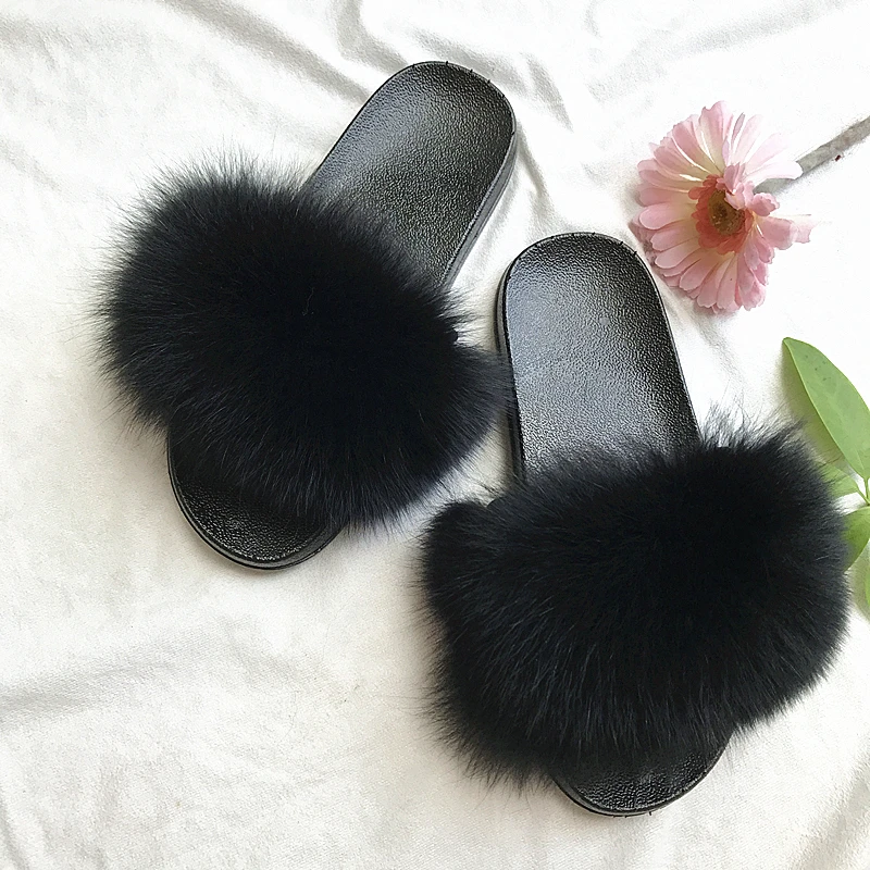 JF0324 New Fur Slides Women's Real Fox Fur Slippers Shoes Flip Flops ...