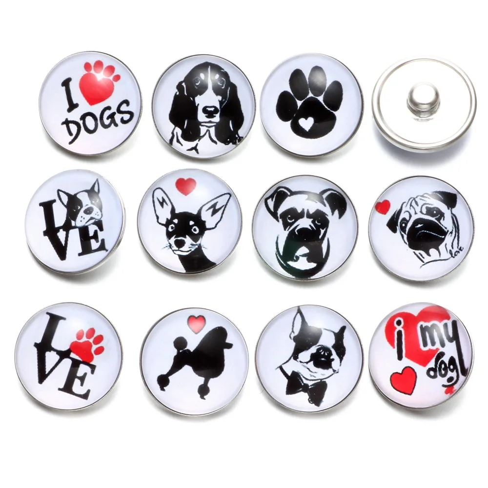 12pcs/lot Multi Theme I Love Dog Pattern 18mm Snap Button Jewelry Glass Charms Fit DIY Bracelet Snaps Jewelry KZ0501