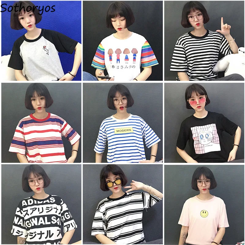 

T-shirts Women Harajuku Kawaii Leisure Various Patterns Colorful Striped Printed Womens Summer Tee Top Simple All-match Loose