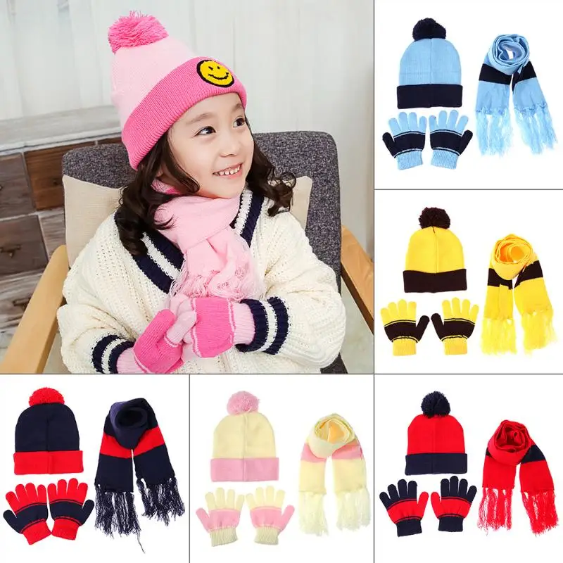 

3pcs Winter Baby Hat Scarf Gloves Set Warm Autumn Children Knitted Beanie Caps Fashion Infant Boy Girl Ball Cap Cute Kids Hats