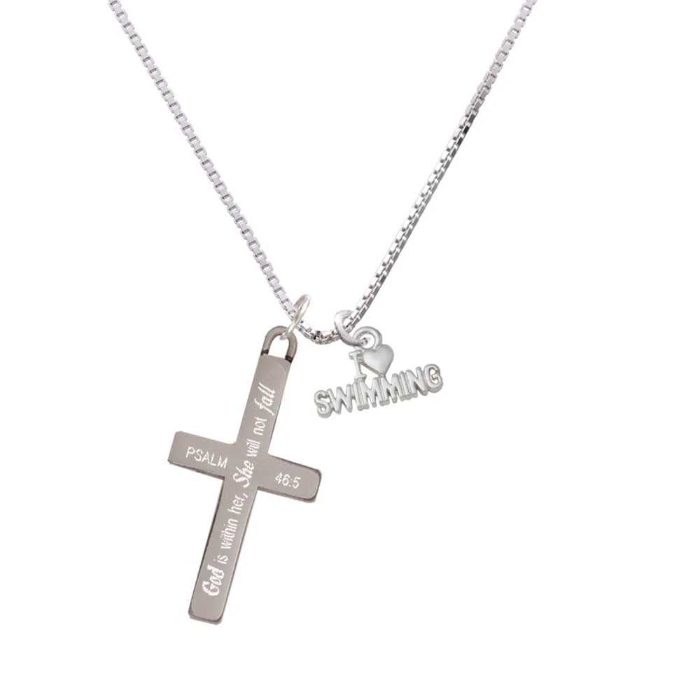 I Heart Swimming - She will not Fall - Cross Necklace