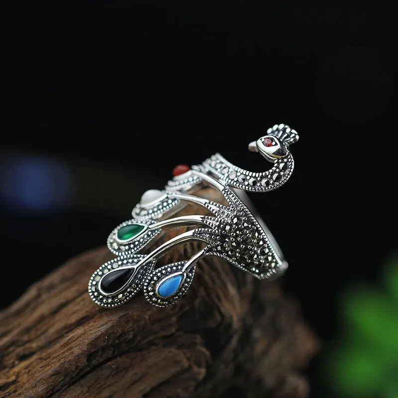 Comprar Anillos de pavo Real para mujer joyería de plata de ley 925 pura con piedra granate rojo anillo de ónix negro Natural Animal pájaro