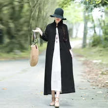 Весенняя мода женский большой размер дикий с длинными рукавами пэчворк Лен свободный карман богемный ретро теплый принт длинное пальто