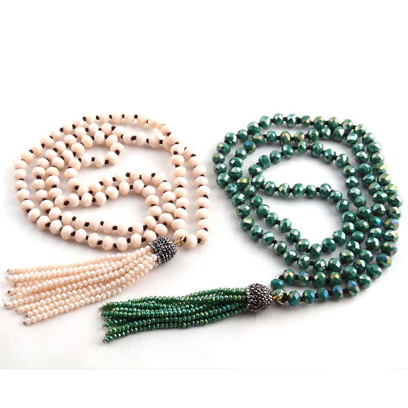 Fashio Artisan Jewelry 5x8mm Glass Knotted Crystal Tassel Punk Necklaces for Women