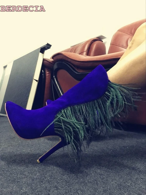 

Gorgeous newest royalblue feather patchwork boots pointed toe stiletto mid-calf short boots high quality hot selling shoes