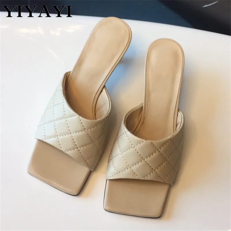 

Concise Square Toe Thin High Heels Women Summer Slippers Genuine Leather Black Casual Shoes Woman Runway Design Brand Slides