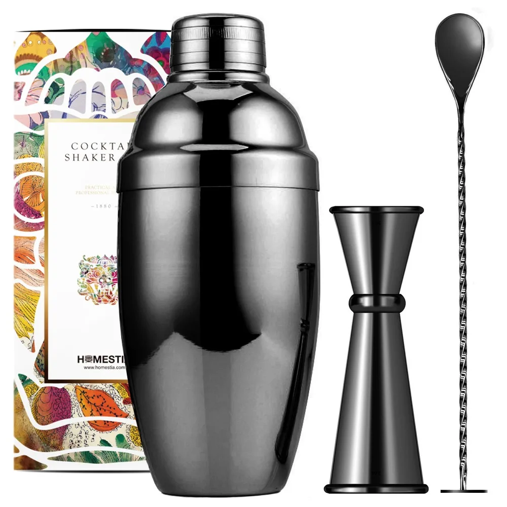 3PCS Cocktail Shaker Stainless Steel 18.6oz Cobbler Shaker Built in