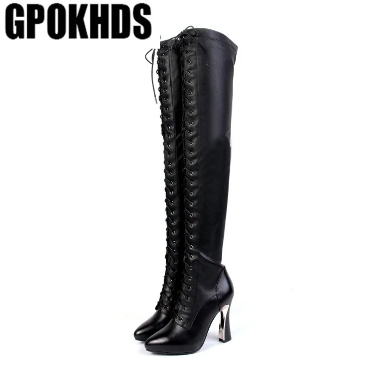 GPOKHDS/; женские Сапоги выше колена; зимние короткие плюшевые женские сапоги из коровьей кожи на шнуровке с острым носком на высоком каблуке