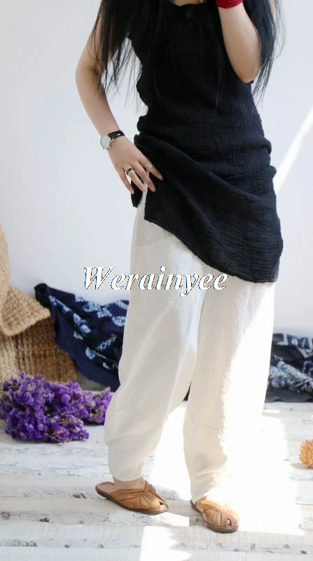 Женские Ретро однотонные льняные свободные брюки с эластичной талией дамские размера плюс винтажные шаровары женские брюки