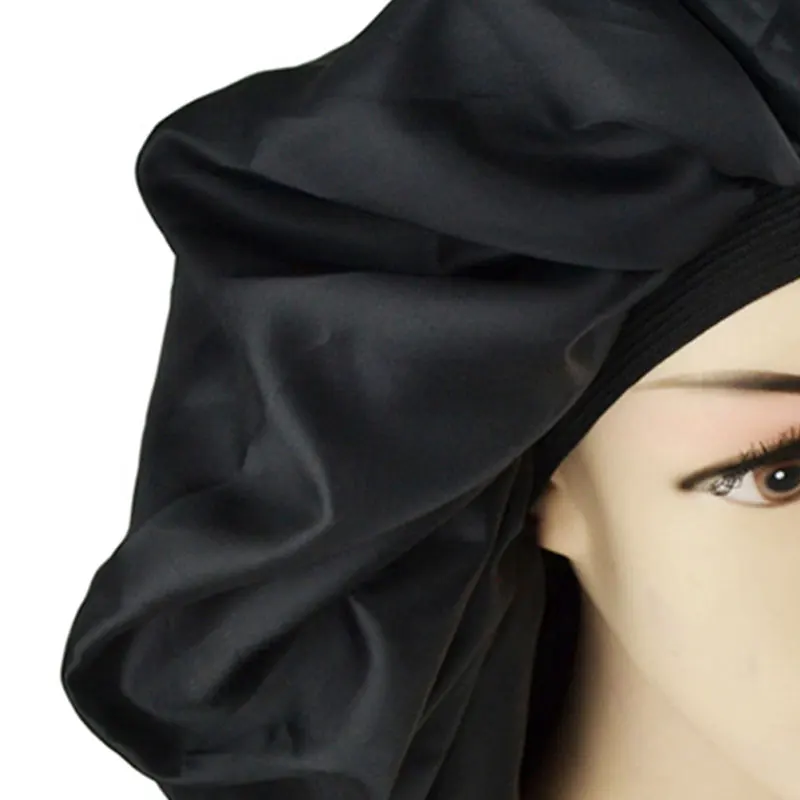 Женская шапка для салона красоты большого размера, атласная ночная шапка для сна, головной убор для вьющихся пружинящих волос черного цвета