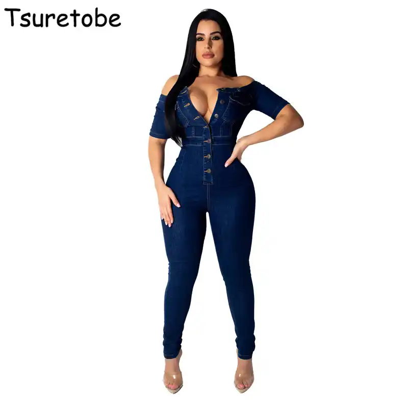 Tsuretobe オフショルダーデニムジャンプスーツ女性のセクシーなジーンズボディスーツ女性ファンクスタイル遊び着女の子ホット販売カジュアルオーバーオール ジャンプスーツ Aliexpress