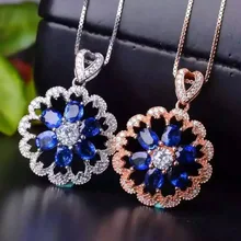 Натуральный Синий Сапфир кулон S925 серебро Природный камень кулон Цепочки и ожерелья модные роскошные цветы подсолнечника женщин партии ювелирных изделий