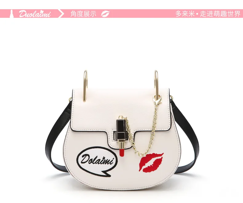

DouLaiMi 2017 New Circular Chain Crossbody Bags Lipstick Women Shoulder Bag PU Messenger Bag Lip Embroidery Women's Handbag Bag