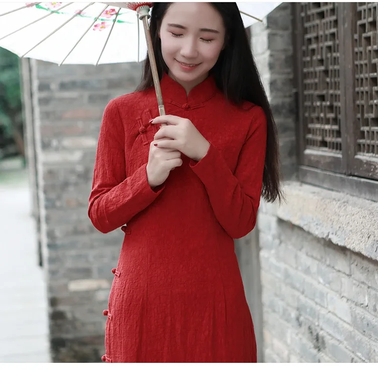 Новое Ретро хлопковое белье с длинными секциями Cheongsam стоячий воротник пластинчатые пуговицы женские художественные модели платья