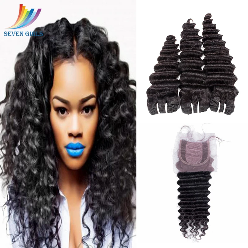 

Sevengirls Brazilian Deep Wave 3Bundles With 4*4 Silk Base Closure 100% Virgin Human Hair Natural Color Raw Hair For Women