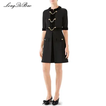 

Celebrity temperament 2019 early spring new round neck short-sleeved double-breasted chain decoration Slim slim OL dress
