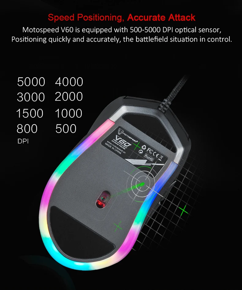 Motospeed V60 RGB Программирование макросов 5000 dpi игровая мышь USB компьютер 7 кнопок Wried оптическая мышь с подсветкой светодиодный