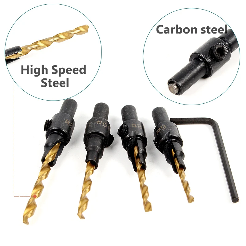 5pcs Quick Change Hex Shank For Woodworking Screw Carpentry Reamer Chamfer Milling HSS Countersink Drill Cone Bit Set