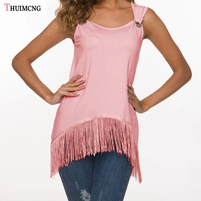 

THUIMCNG European and American women's explosions summer sleeveless tassel T-shirt women's personality rims breathable sweater