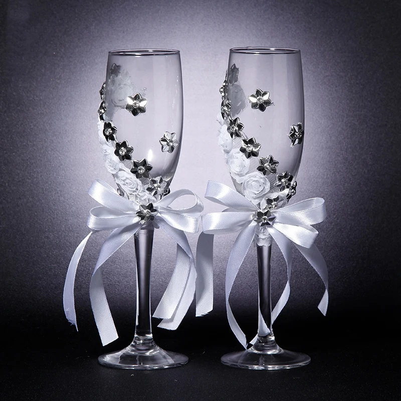

2Pcs Set Wedding Glass Creative Silver Flowers Crystal Wedding Champagne Glasses Goblet Red Wine Glass Cup Wedding Decoration