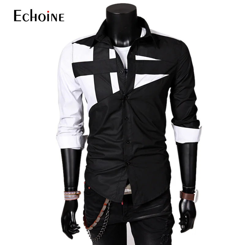 

Men Cotton Slim Fit Shirt Male Shirt Patchwork Long Sleeve 2019 new British Style Men's Shirt spring Summer Casual Men Clothes