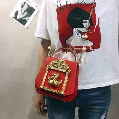 Роскошные женские вечерние сумки в стиле барокко с 3D золотым рельефом, украшенные бриллиантами, сумочки, сумочка, жемчужная цепочка с украшением - Цвет: Красный