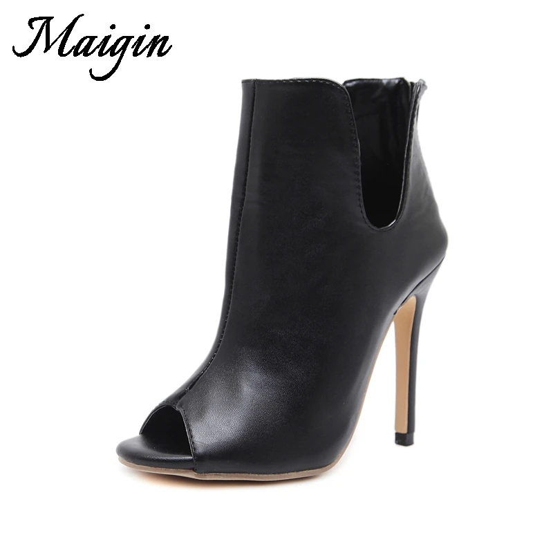 Maigin 2018 New Summer Black Women Ankle Boots Peep Toe Leather Ladies Sandals High Heels Footwear Fashion Female Shoes