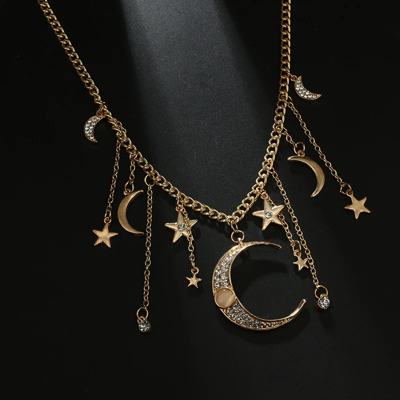 KMVEXO винтажные золотые хрустальные лунные ожерелья со звездами женские летние богемные кисточки многослойный воротник с ожерельем с подвесками ювелирные изделия вечерние подарки