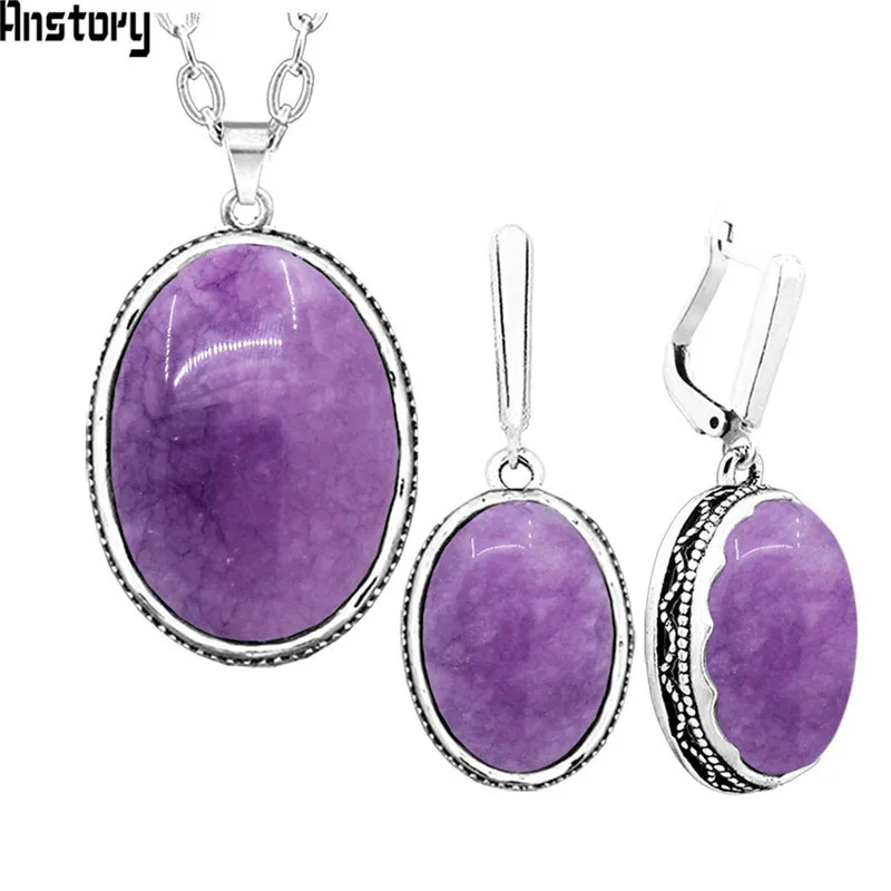 

Oval Natural Violet Amethysts Necklace Earrings Jewelry Set For Women Antique Silver Plated Flower Pendant Stainless Steel Chain