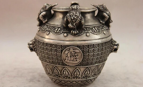 

S1551 China White Copper Silver Golden toad Money bufonid Foo Dog Lion Head Jar Pot D0318