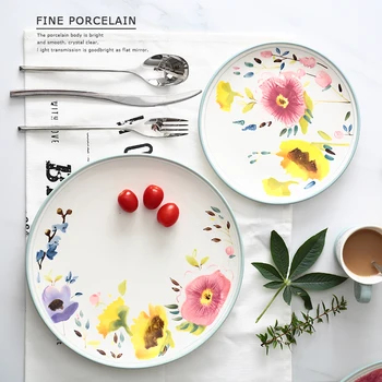 

Hand-painted Flower 8 Inch 10 Inch Platter Snack Plate Steak Plate Creative Plate