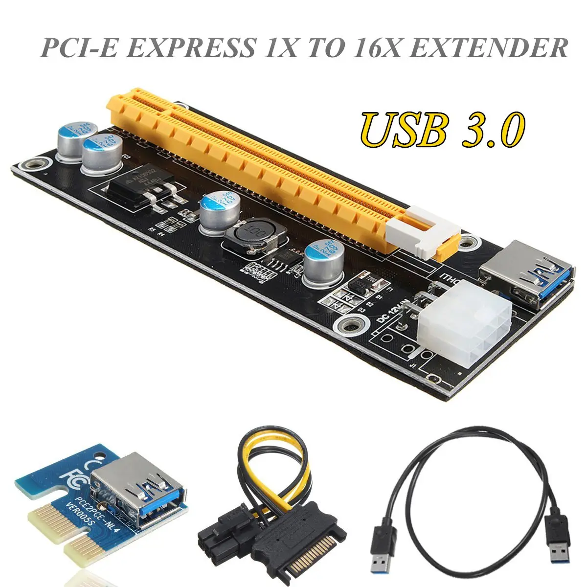 

USB 3.0 PCI-E Express 1X To 16X Extender Riser Card Board SATA Adapter ETH 6 Pin New SATA 15pin Male to 6pin Power Cable