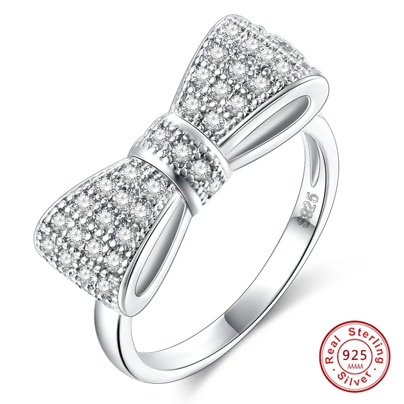 

Solid 925 Sterling Silver Sparkling Bow Knot Rings With AAA Infinity Micro Inlay Full Cubic Zirconia Romantic Rings For Party