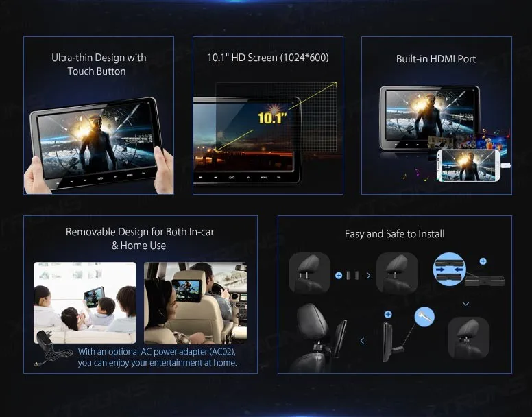 Top 10.1" Touch Button Headrest Car DVD Car Headrest DVD Car Headrest Monitor with DVD Function & 1024*600 Resolution 1